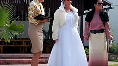 Newly married bride strips down in the swimming pool with her friends