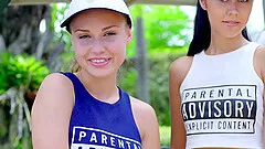 Sporty golfing cuties strip together and flash those hot asses