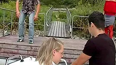 Astonishing blonde babes turns a piss trip to a hot cock riding in the woods