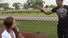 Skinny mini-skirt clad slut with small perky tits sucking a stranger's cock