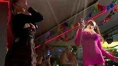 Girls get wet and wild fucking in a shower that is on a club stage