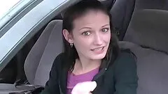 Cocksucking mouth of a skinny slut swallows him in the car