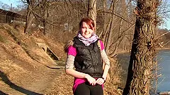 She squats to pee and play with her pussy out in public