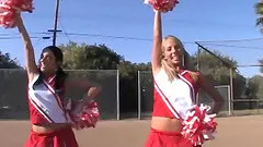 Cheerleader girls in pigtails go home with him to enjoy big dick