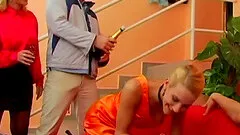 Brunette amateur gets cum on her tits after being bonked in a pissing fetish groupsex action