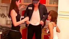 Cute Euro girls strip the plumber naked and blow him together