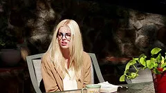 Sizzling hot skinny blonde and her big titty friend eat pussy