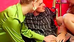 Piss and cum soaked girls in satin fuck in a crazy threesome