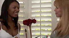 Ebony vixen being pounded with a strap on dildo in hot interracial lesbian action