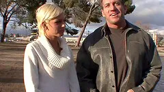 Skinny sweater girl strips totally nude to fuck a big dude