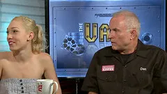 Cute blonde porn star with a sexy slim body laughing and chatting backstage