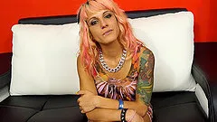 Slutty sleeve tattoo girl slobbers on his boner and gets banged