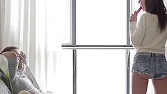 Teen in a sweater strips and get fucked in her wet pussy