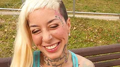 Heavily tatted punk girl with a shaved head enjoy some dick