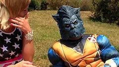 Man in costume picks up a skinny chick and screws her hard