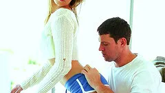 Sporty blonde babe in socks rides a hard cock passionately