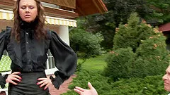 Blouse and skirt beauty pissed on and fucked by a stud