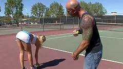 Tight tennis girl with nipple rings fucks a big cock guy