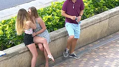 At the beach bikini babes flash, kiss and eat some pussy