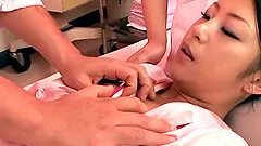 Oiled up and turned on Japanese girl fucked as women watch