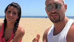 Beach bunny with pigtails cums on his shaft and takes cum on her face