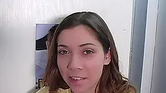 Magnificent brunette babe stroking a big black cock from a gloryhole