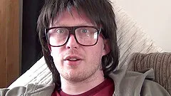 Cute naked nerd girl gives him a fantastic blowjob