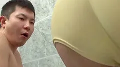 Fine ass Japanese milf blows him in the bathroom