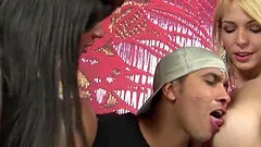 Beautiful blonde transsexual slut with nice big tits enjoying a hardcore interracial threesome