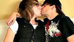 Pierced guy in glasses gives a hot blowjob to his boyfriend