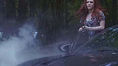Gorgeous redhead with a broken down car fucked in the butt