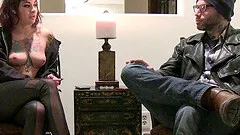 Girl with great tits shows off her hot costume and tattoos