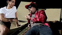 Tattooed punk couple fucking wildly on a lounge chair