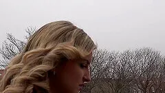 Wavy haired blonde beauty picked up and fucked in her shaved pussy
