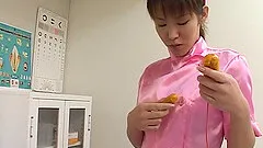 Pink satin nurse costume on a horny Japanese hardcore slut