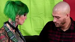 Green haired punk rock slut with tats enjoying some rocking cock