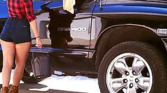 She washes his car in tiny shorts then works his cock