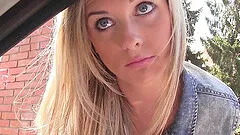 Blue eyed beauty on the hood of his car taking dick