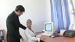 Lecherous office clerk gets her anal filled and screwed by a massive dong