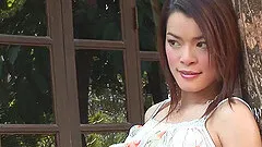 Nice titty teen with hairy cave finds satisfaction with a dildo outdoor