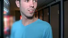 Handsome gay enjoying his massive cock being given blowjob