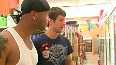 Handsome gay getting banged hardcore doggystyle in shop