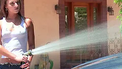 Car wash teen babe sucks a fat cock and receives a facial