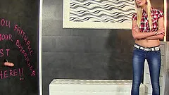 Skinny leggy blonde sucking a dick at a gloryhole and getting a facial