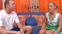 Sweet cheerleader strips for the coach and fucks him