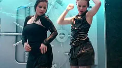 Taking a shower fully clothed at a club and preparing for a fun night