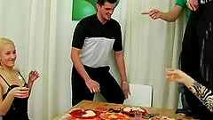 Piss play and hardcore dirty sex with a clothed blonde and brunette