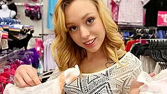 After shopping for new thongs she strips hers off and fucks