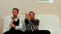 Piss play and oral sex with a couple of clothed blonde sluts