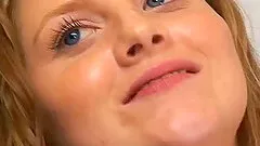 Blue eyed beauty sucks a cock and receives a facial cumshot